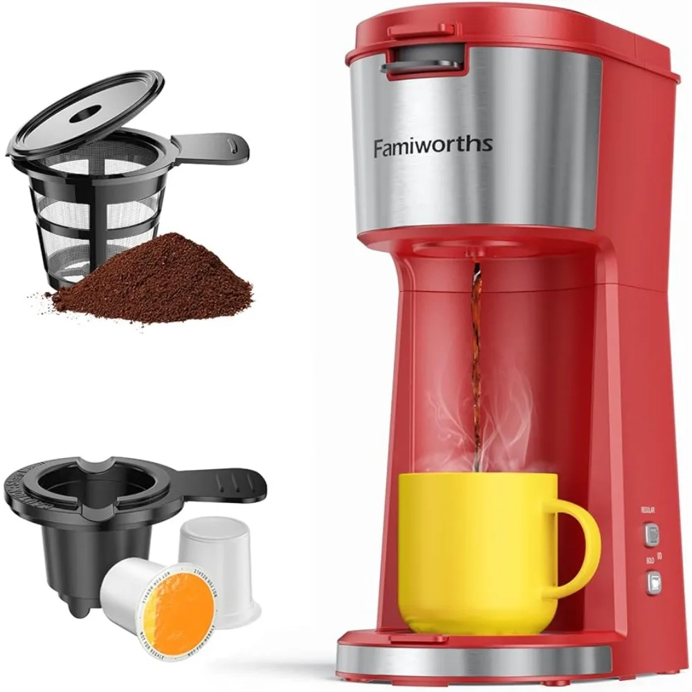 Famiworths Single Serve Coffee Maker One Cup Coffee Maker, 6 to 14 oz. Brew Sizes, Fits Travel Mug, Red