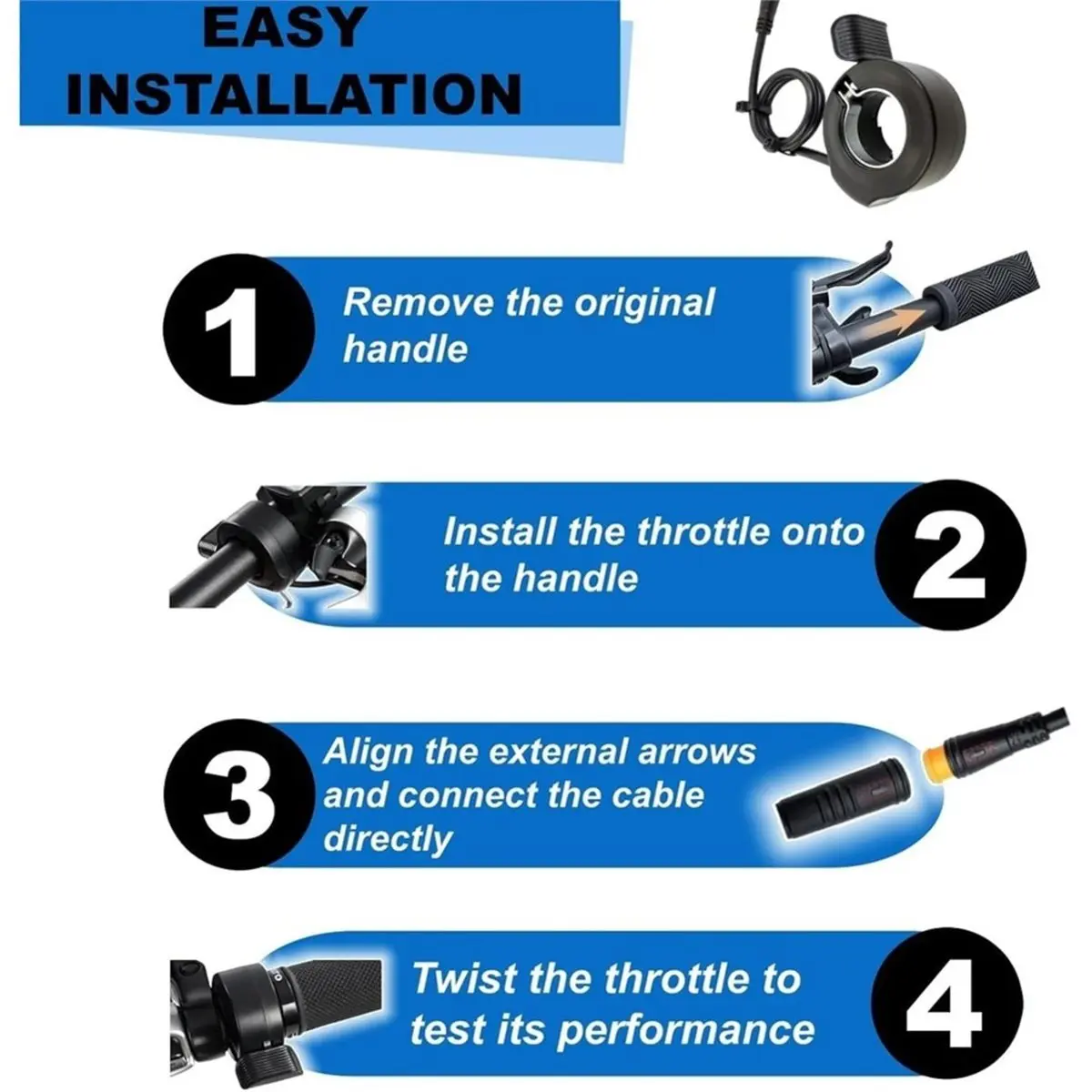 130X Ebike Thumb Throttle, 12V-72V Waterproof 3 Pin Ebike Throttle Left/Right Universal, Plug&Play,Fits 22.2mm Handlebar