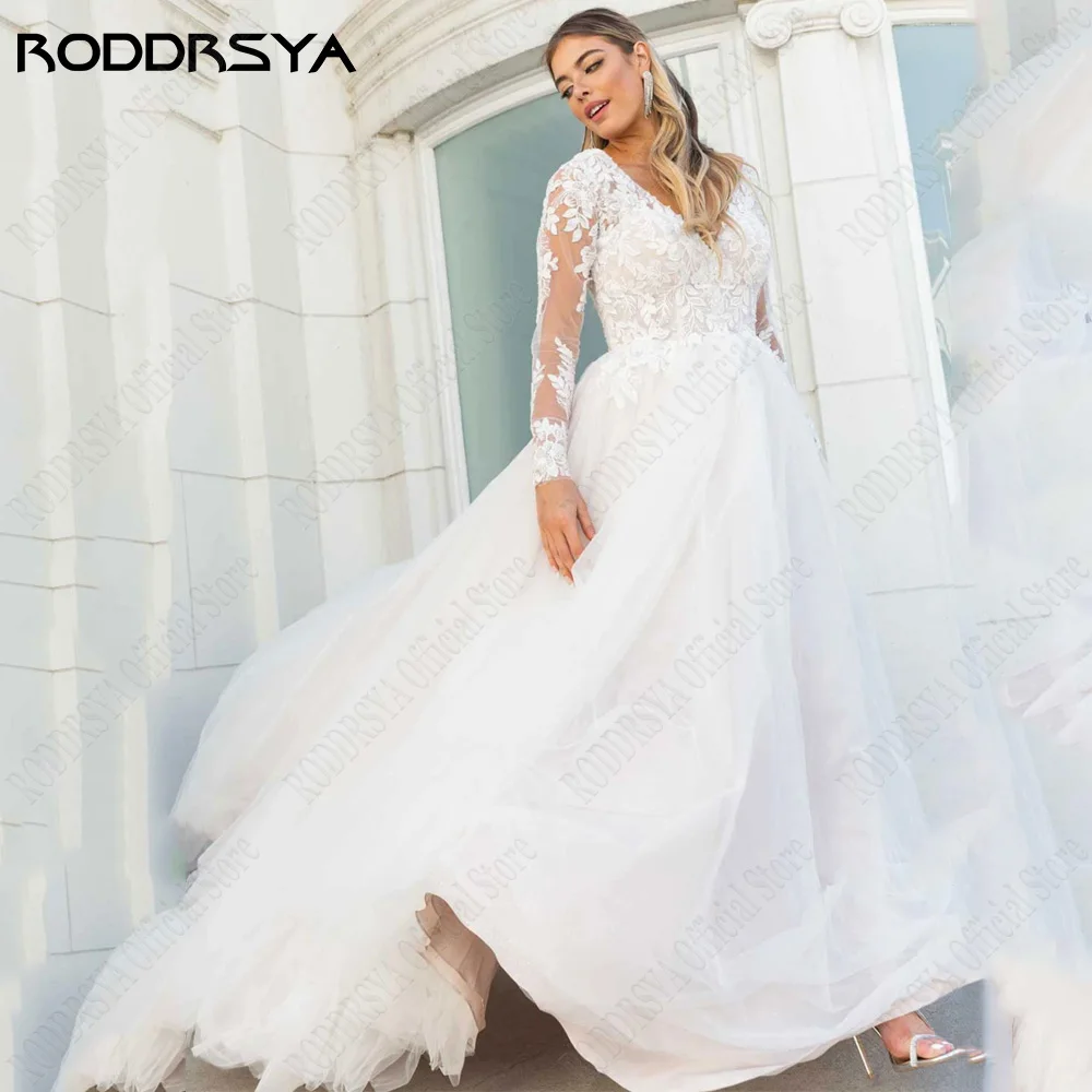 RODDRSYA Civil Wedding Gowns Long Sleeves Double V-Neck Lace Bridal Gowns Lace Applique A-Line 2024 vestido de noiva casamento