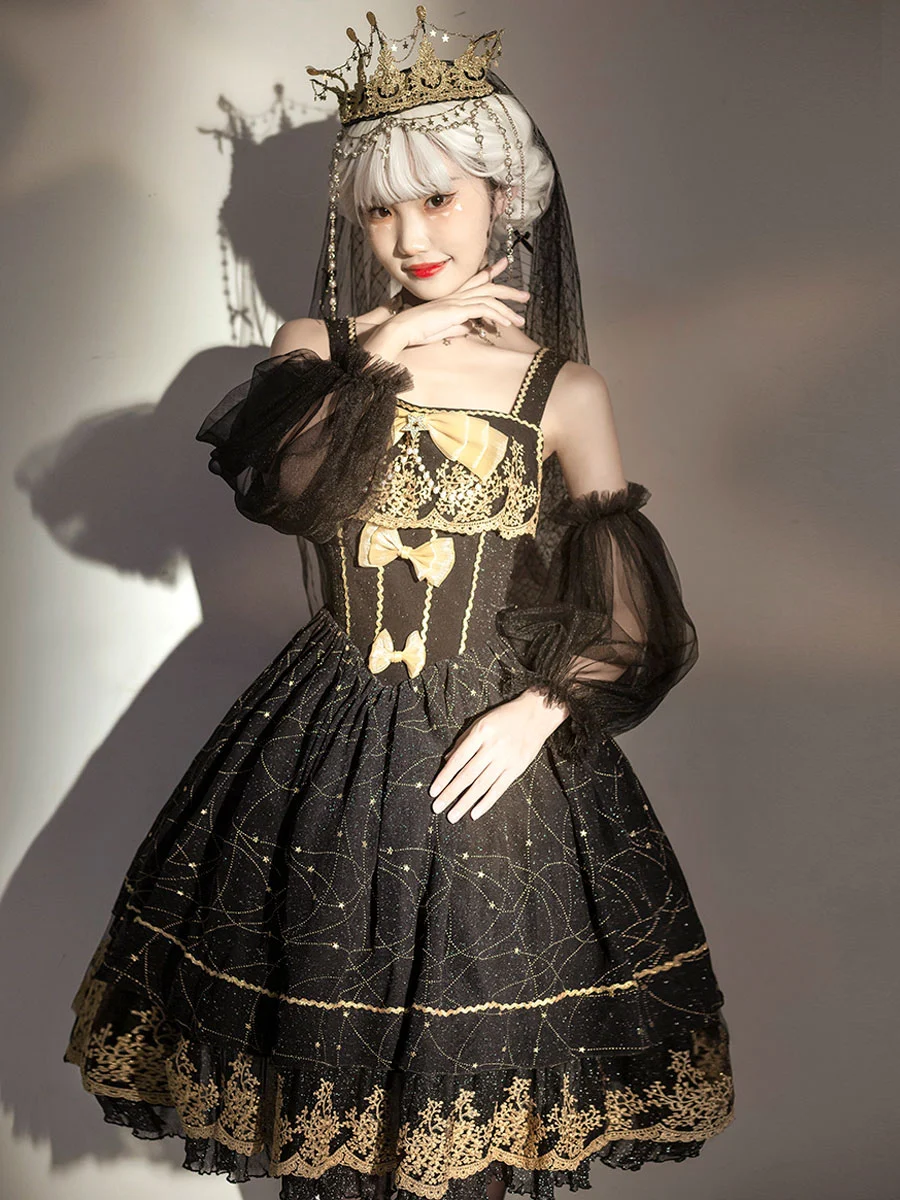 Gothic Lolita sukienka łuki szczegóły gwiazdy mała czarna sukienka