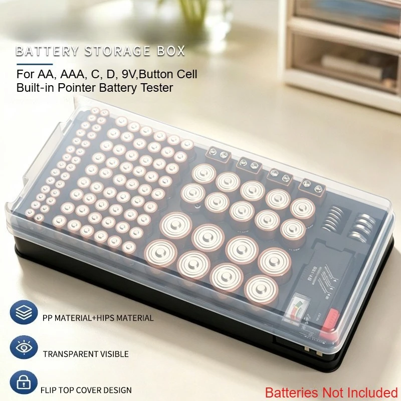 116‑Grid Battery Organizer Storage Case with Lid Built‑in Pointer Tester for AA AAA C D 9V Button Cell Flip‑Top Holder Box