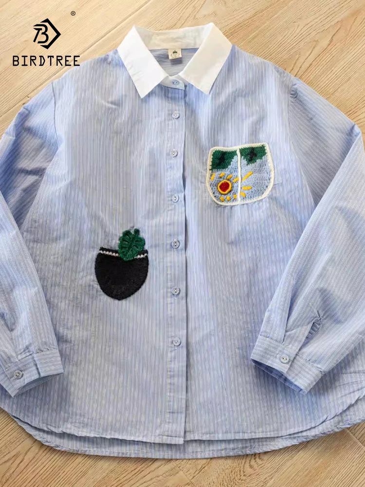 

New 2026 Spring Women Cotton Long Sleeve Shirt, Lapel Yarn Splicing Striped, Mori Girl Age Reduction Sweet Loose Blouse T61078CC