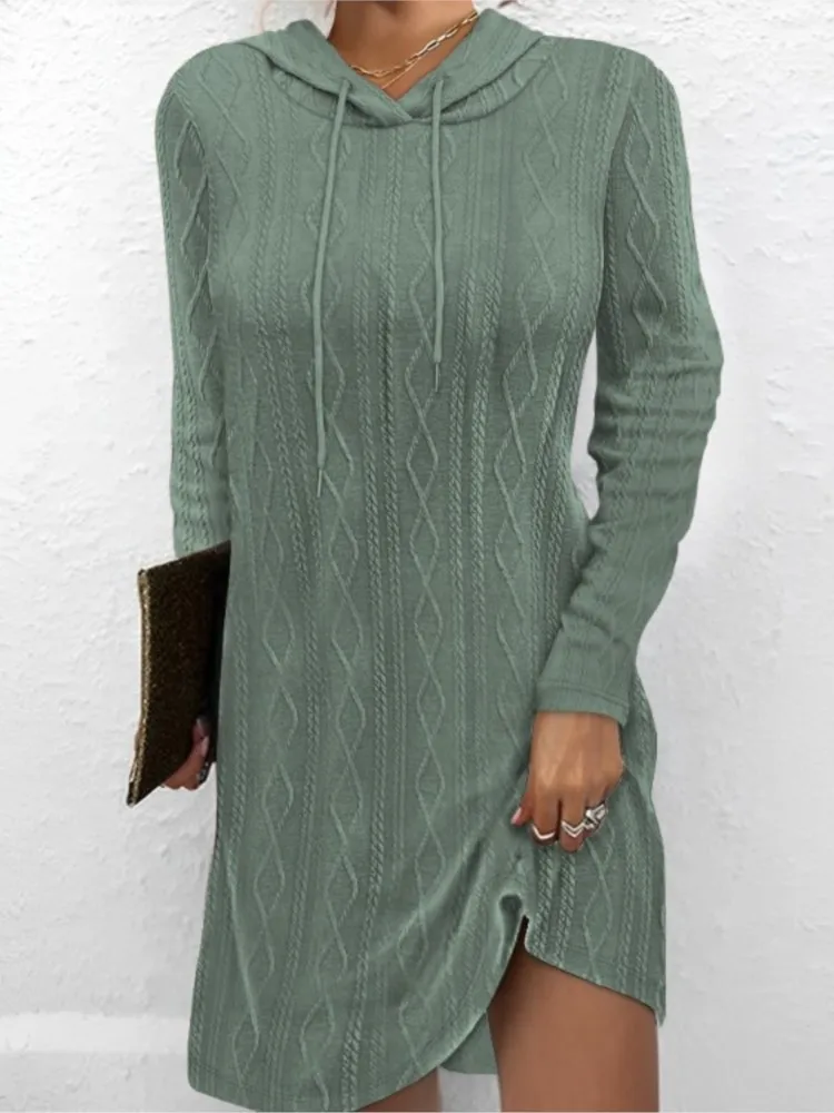 

Elegant Long Sleeve Hoodies Dresses For Women 2024 Autumn Winter Casual Knitted Dress Office Solid Lace Up Vintage Dress Female