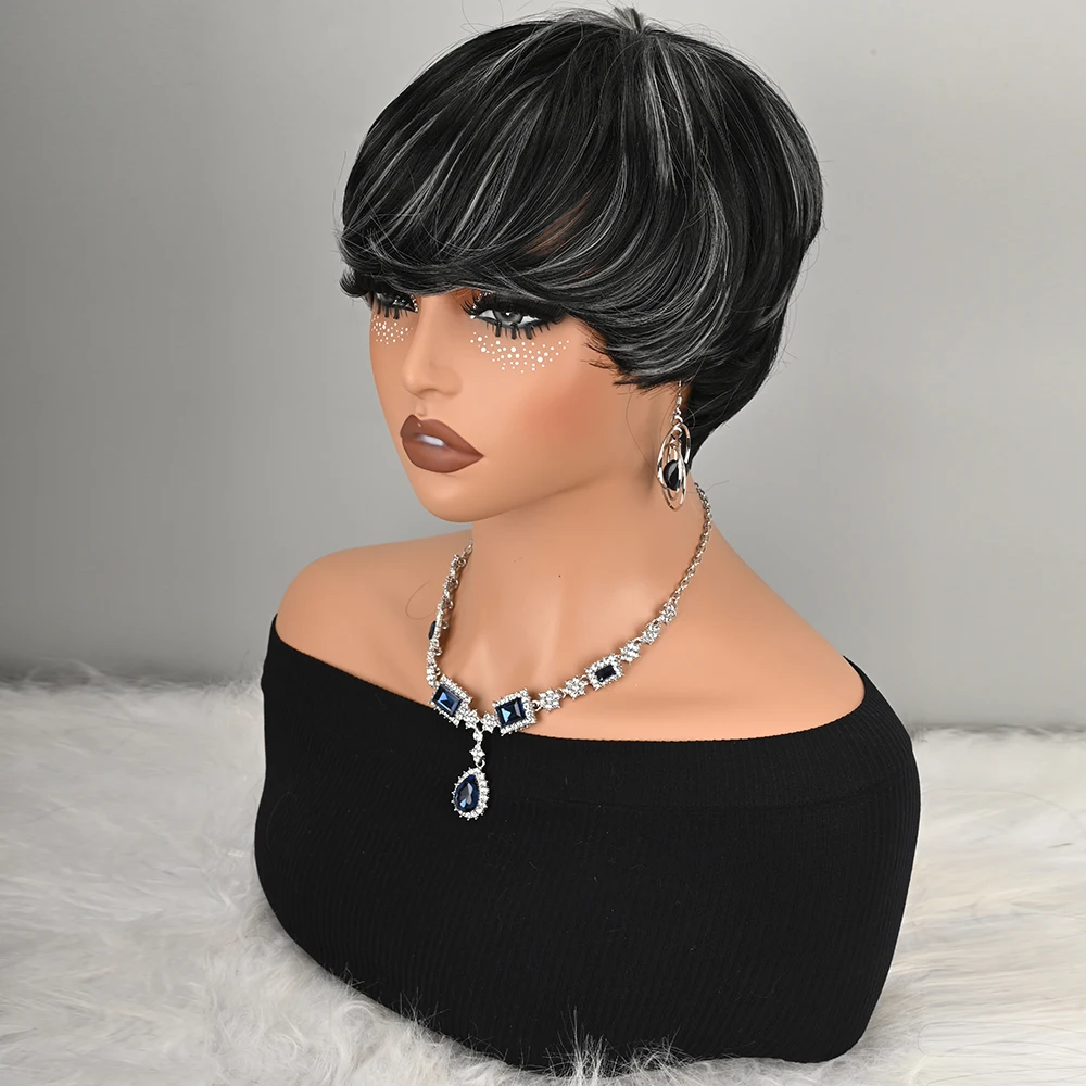 Black With Silver Highlights Short Pixie Wig with Bangs Synthetic Fiber Machine Made Full Wigs for Women Natural Looking Wig for Daily Party Cosplay Costume