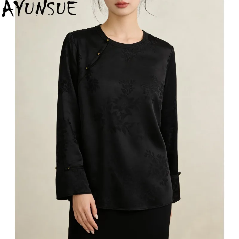 AYUNSUE 100% Silk Pullover Blouse Femme Chinese Style Long Sleeve Tops for Woman Retro O-neck Spring Woman Clothing 2026 Одежда