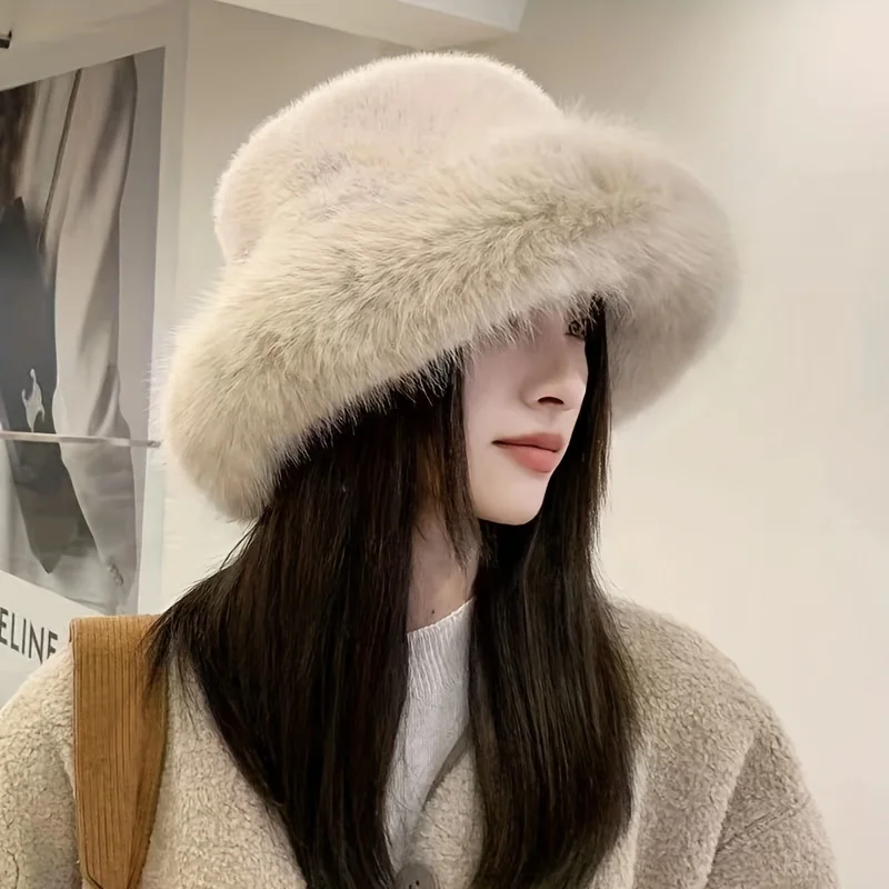 Fashion Faux Fur Big Bucket Hat for Women Russian Cossack Fluffy Winter Wrap Hat Fuzzy Fluffy Bucket Hat Oversized Pink Wine Red