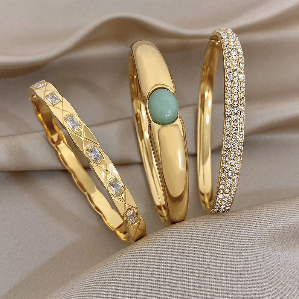 Vintage Vergoldeter Edelstahl-Armreif für Damen und Herren Glänzende Geometrische Zirkon-Breitarmbänder Wasserfester Schmuck