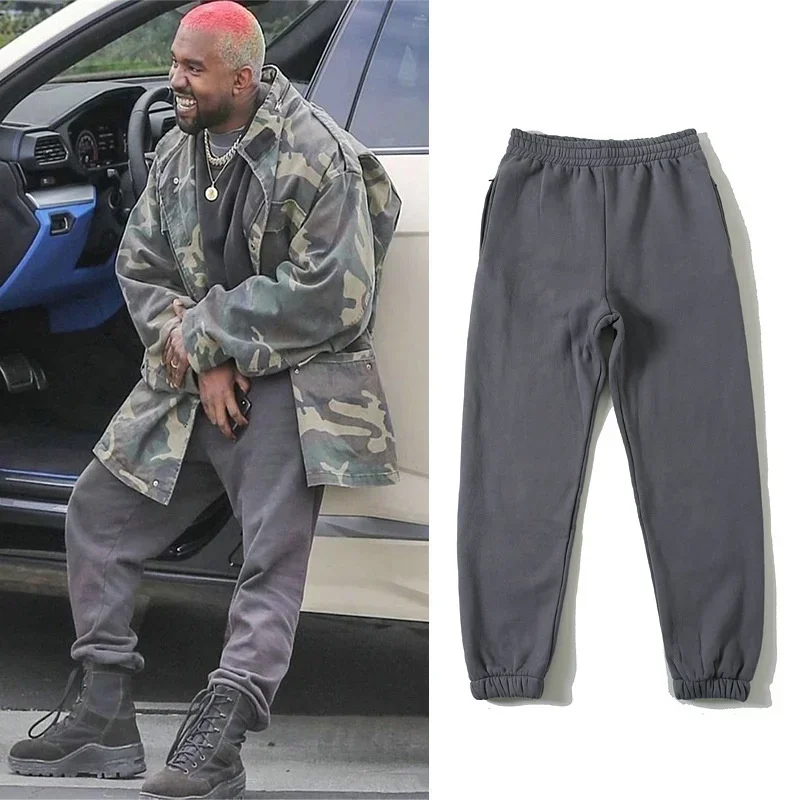 Solid Color Kanye West Thick Fleece Sweatpants Men Women 1:1 Best Quality Vintage Season 6 Trousers Joggers Zipper Pocket Pants