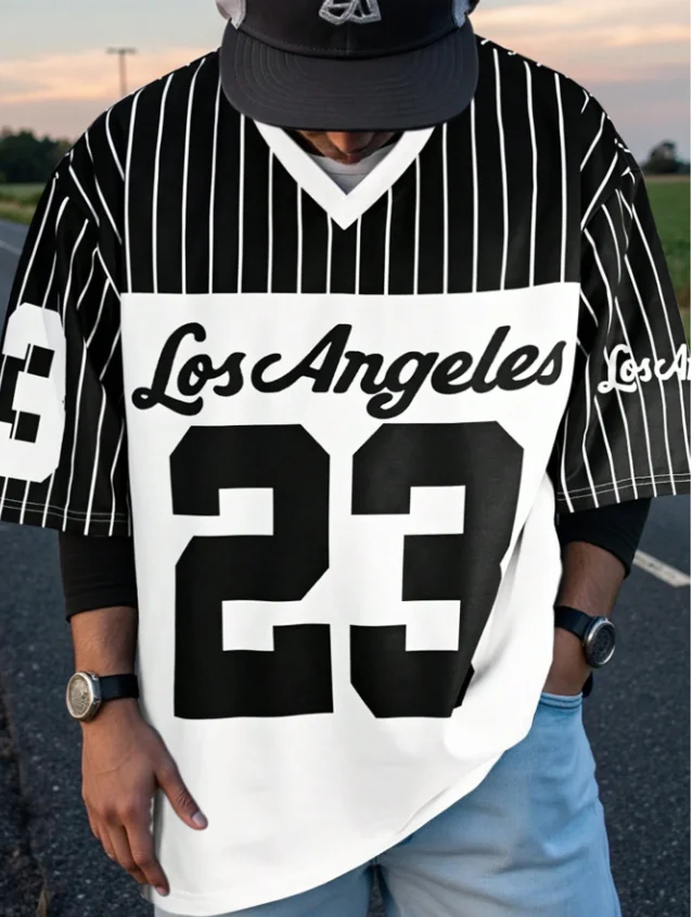 Streifen Los Angeles Print V-Ausschnitt Kurzarm T-Shirt Sommer Grafik T-Shirt Baseball Trikots Plus Size Damen Herren Sport T-Shirt
