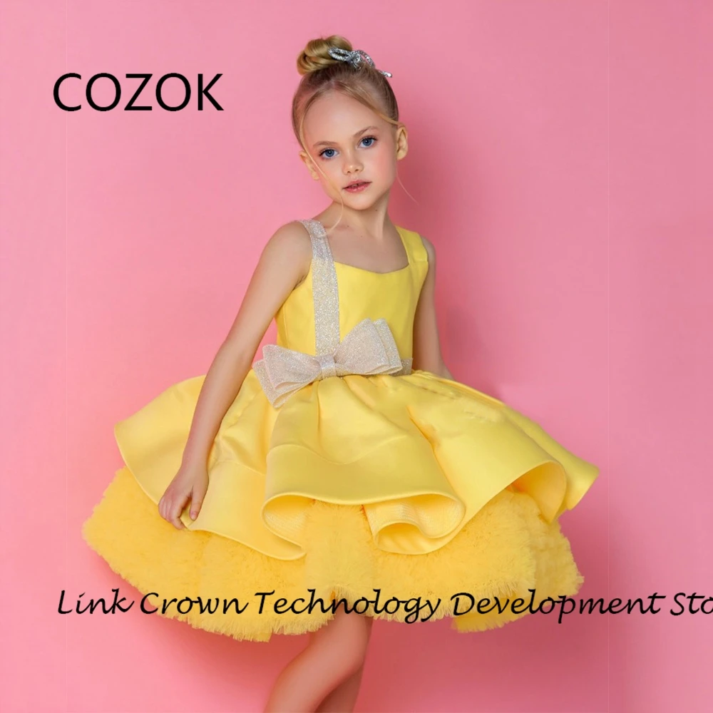 

COZOK Yellow Square Collar Flower Girls Dresses with Satin Knee Length Wedding Party Dresses 2024 Summer Sleeveless فلور فتاة ال