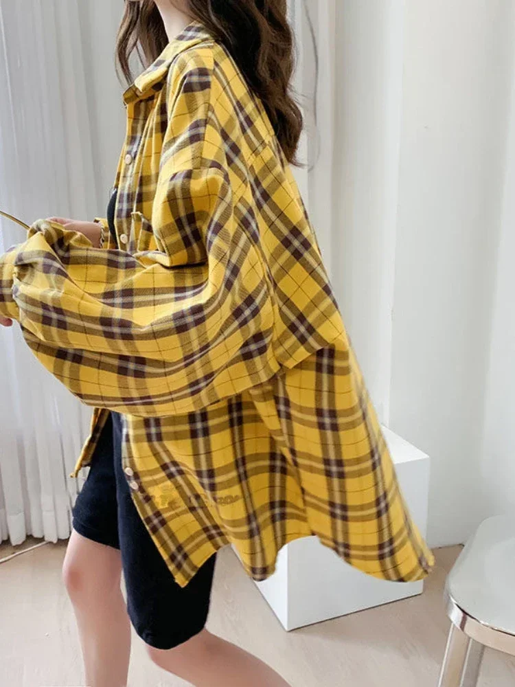 Fashion Plaid Button Up Shirts Women Spring New Oversize Long Sleeve Tops Female Harajuku Daily All-match Chic Yellow Blouse Y2k