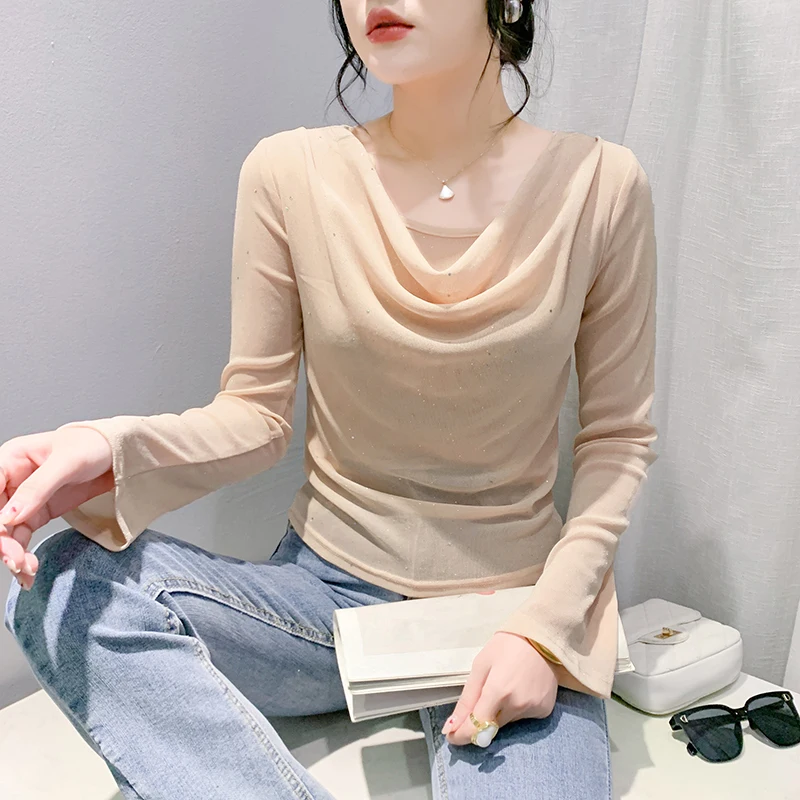 New Korean Fashion Pile Collar T Shirt For Women Bright Silk Mesh Tops Slim Fit Long Sleeve Casual Women Shirt