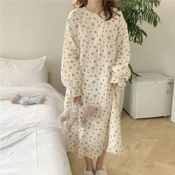 Floral Women Nightgown Korean Style Sleepwear Long Sleeve Night Dress Autumn Ruffle One Piece Pajamas Home Sleeping Wears New In