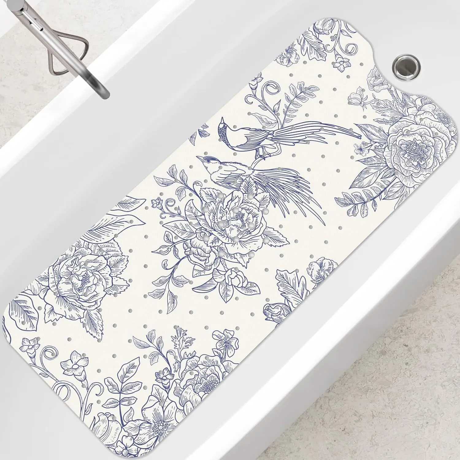 

Vintage Blue Flower and Bird Bath Mat for Tub Non Slip-40 X 16Inch, Bathtub Mat Anti Slip for Women, Long Shower Mat for