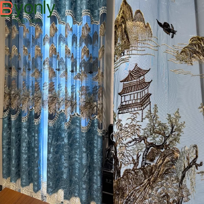 

New Chinese Style Blue Landscape Embroidery Window Screen Hollowed Out Chenille Curtains for Living Room Bedroom French Window