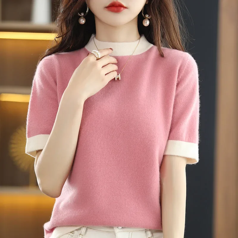 

Spring And Summer New Cashmere Knitted Half Turtleneck Women's Short-Sleeved T-Shirt Pullover Top Loose Fashion Temperament G137