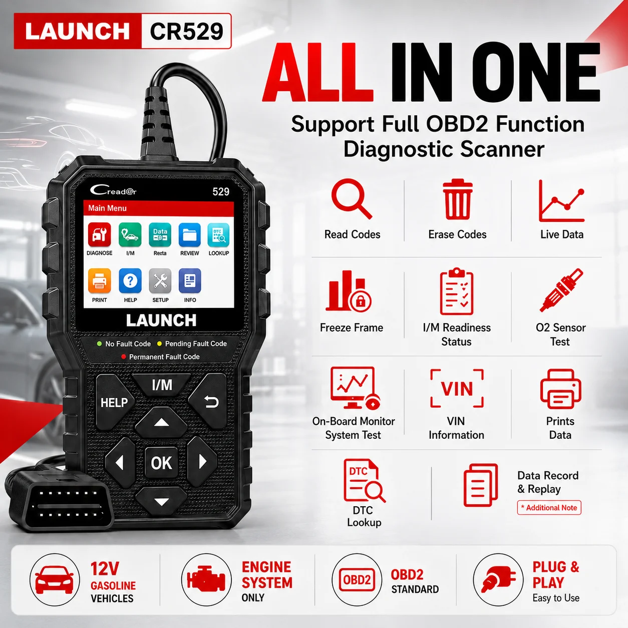LAUNCH CReader529 CR529  OBD2 Scanner Automotive Diagnostic Tool Car OBDII Code Reader Fault Code Read Scan DIY Code Reader Creader 529