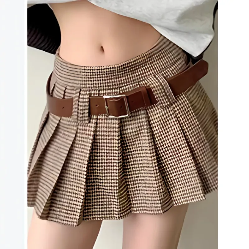 

Retro Thousand Bird Grid Short Skirt Academy Style Pleated Skirts Y2k Mini Plaid Vintage Spring Slim A Line