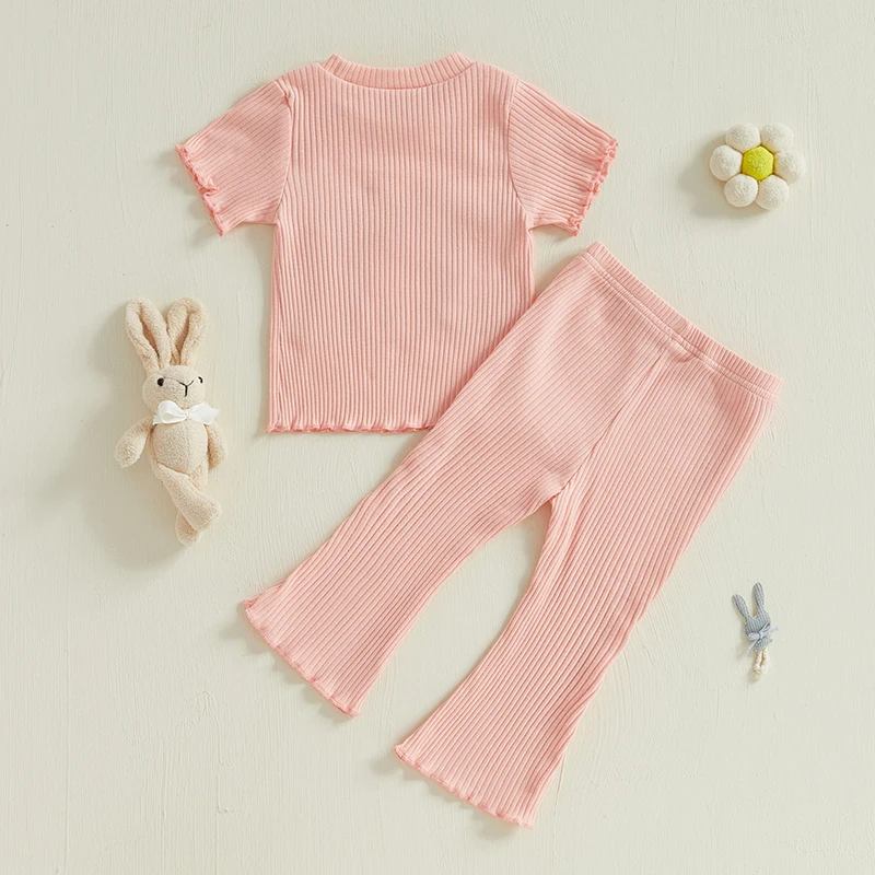 Blotona Baby Girl 2Pcs Easter Outfits Short Sleeve Tops and Plain Flare Pants Set Toddler Clothes