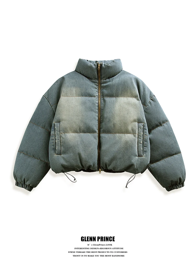 

GPstudio American Retro Washed Gradient Stand Collar Denim down Jacket Men Winter Thick Warm Short Coat Youth Popular Style