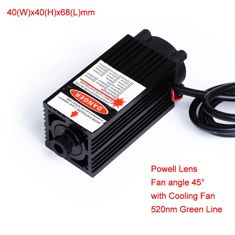 

Powell Line 45 Degree 520nm Green Laser Diode Module 300mW 500mW 1000mW with Cooling Fan (Free with Bracket and Adapter)