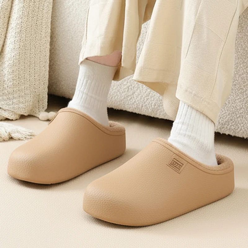 

Winter Eva Waterproof Cotton Slippers Women Outdoor Anti Slip Warm Plush Mules Slippers Woman Comfortable Flat Heel Home Slides