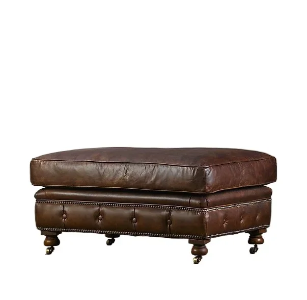 

French solid wood simple foot pedal American RH furniture oil wax leather low stool American country retro villa bedside stool