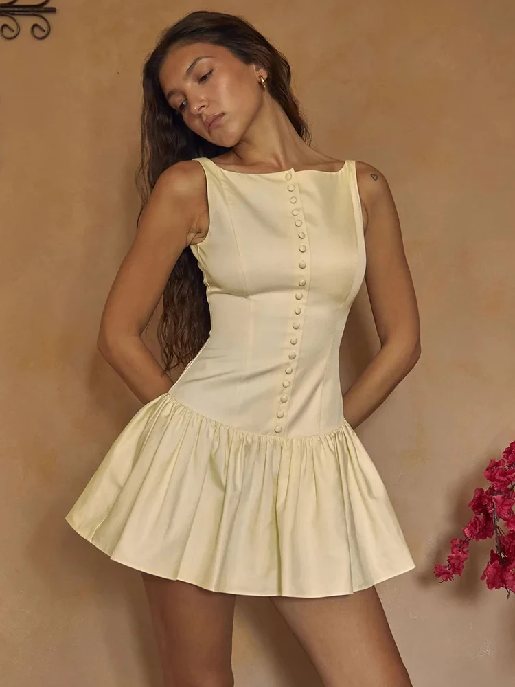

Charming Yellow Buttoned Summer Mini Dress – Sleeveless Flared Skirt Casual Gatherings Vacations Outsuit for Women