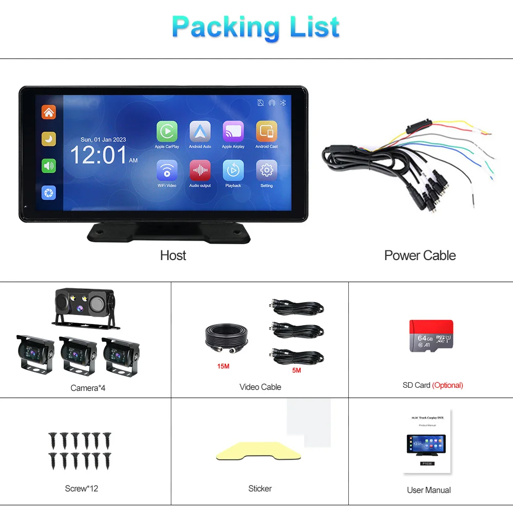 10.36 Inch Split Touch Screen Backup Truck Camera Monitor Kit System Back Parking Sensor DVR Carplay Android Auto