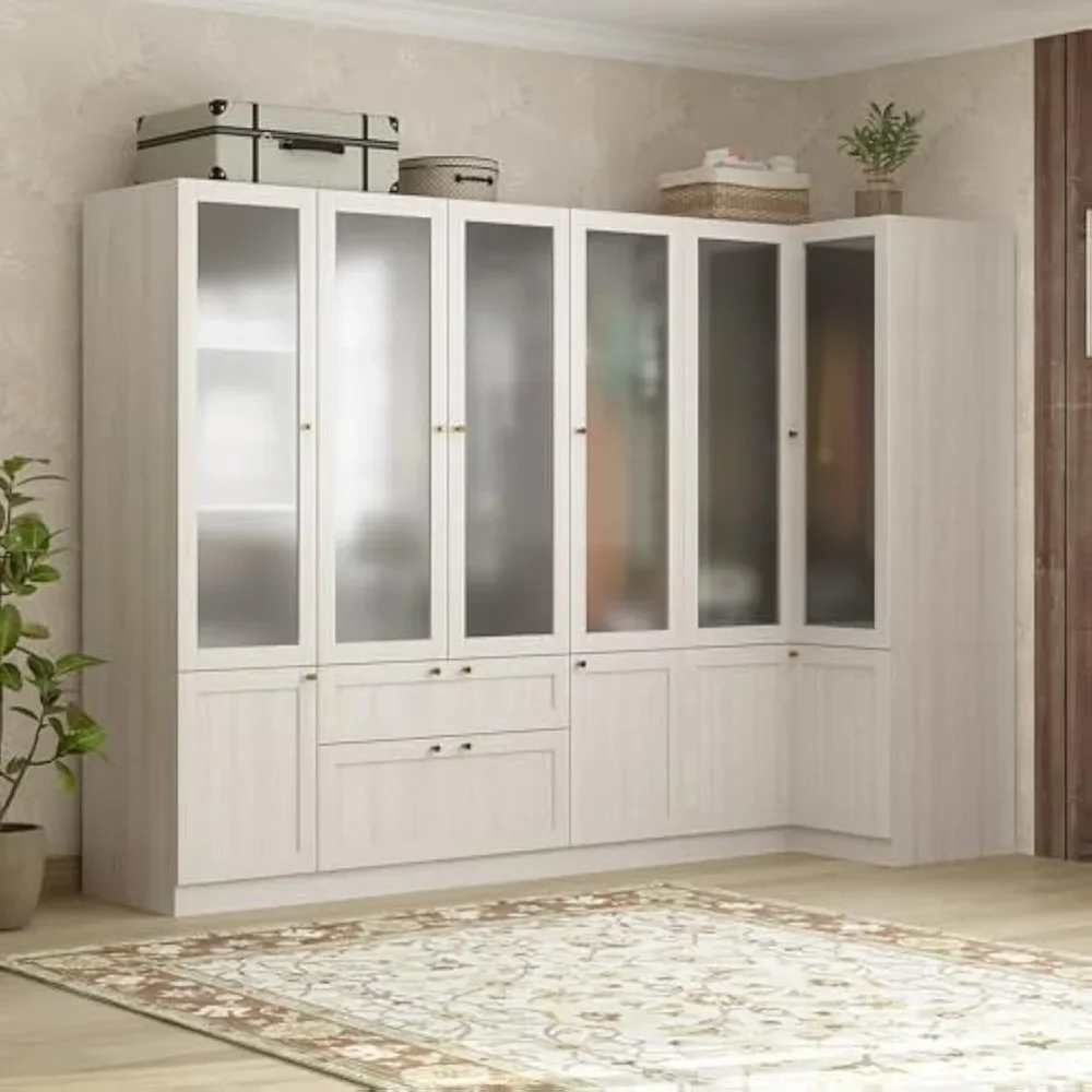 

Extra Large L-Shape Armoire Wardrobe Closet with 6 Frosted Glass Doors, Hanging Bars, Shelves & Drawers