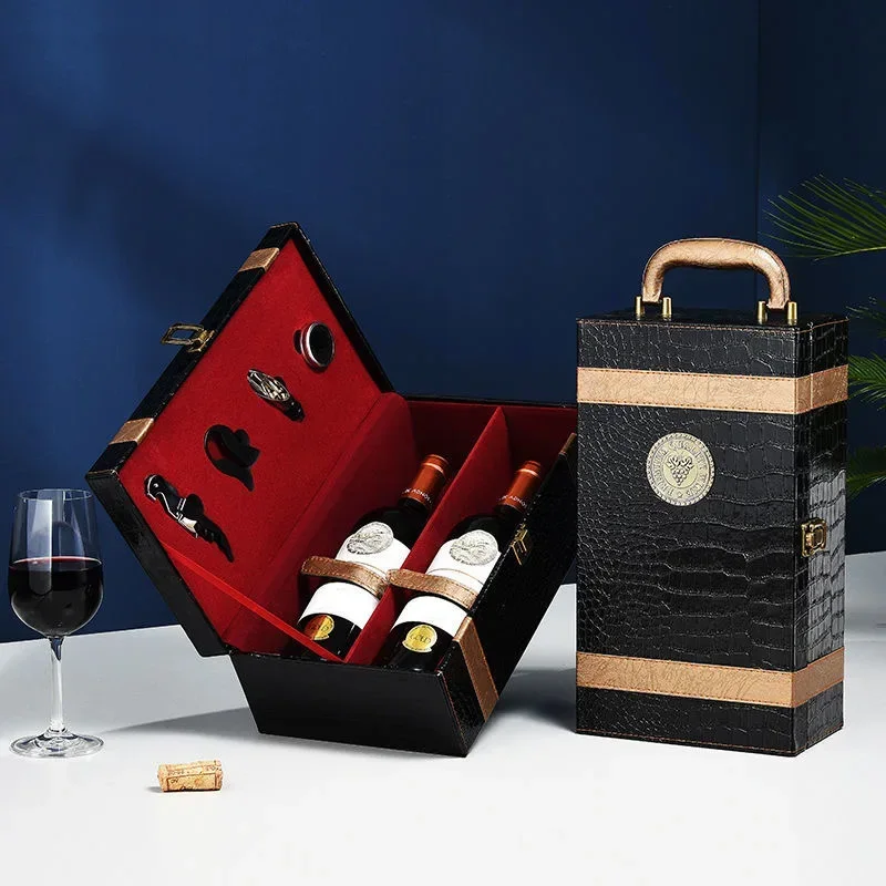 Leather High-grade Red Wine Box 750ml Double Bottles Wood Wine Organizer Solid Wood Wine Holder Commercial Wine Gift Box