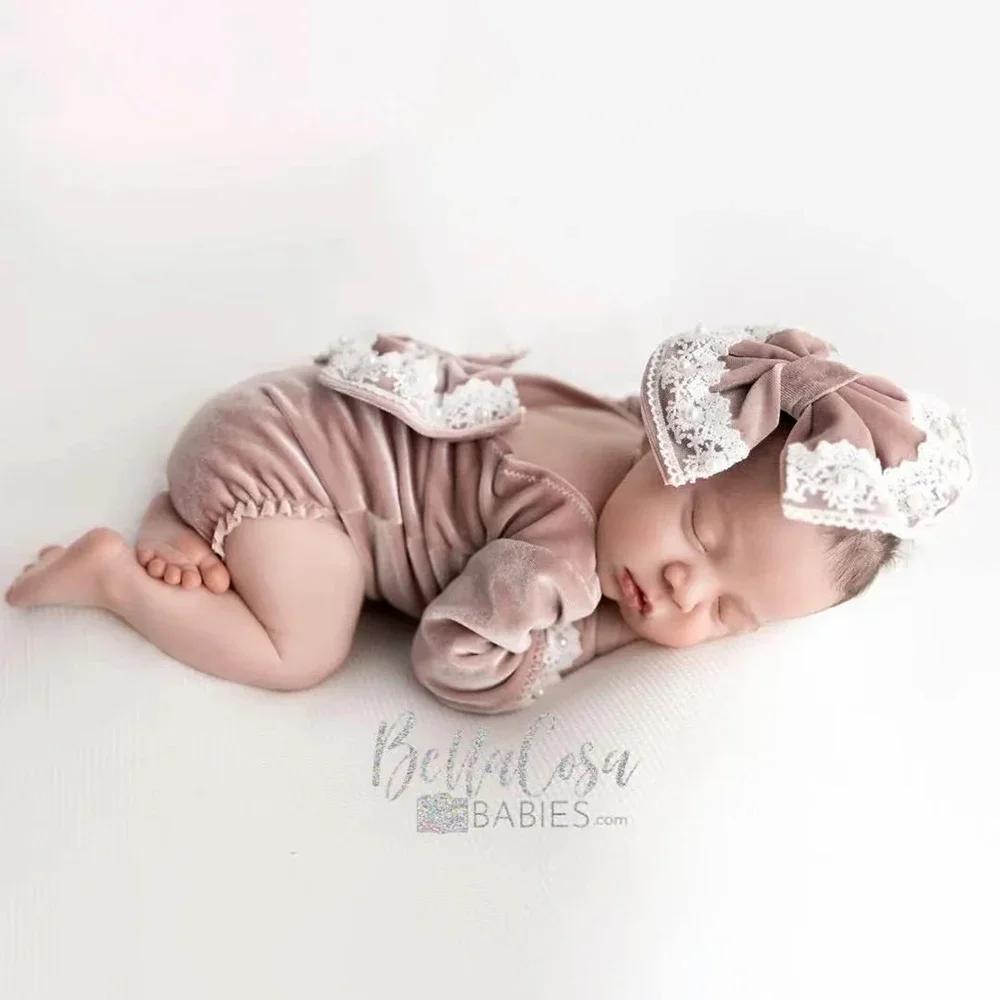 Newborn Velvet Lace Romper with Bow Headband | Baby Girl Photo Shoot Outfit | Infant Studio Clothes Christmas Gift Prop