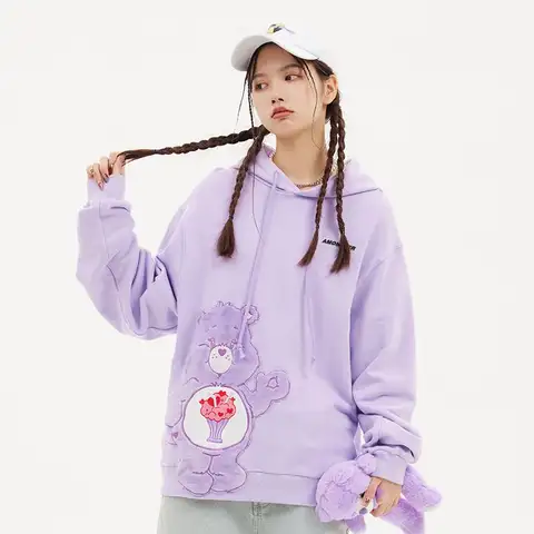 Kawaii Care Bears Hoodies Cotton Korean Fashion Carebears Patchwork Embroidery Sweatshirt Women Men Cartoon Pullover Streetwear