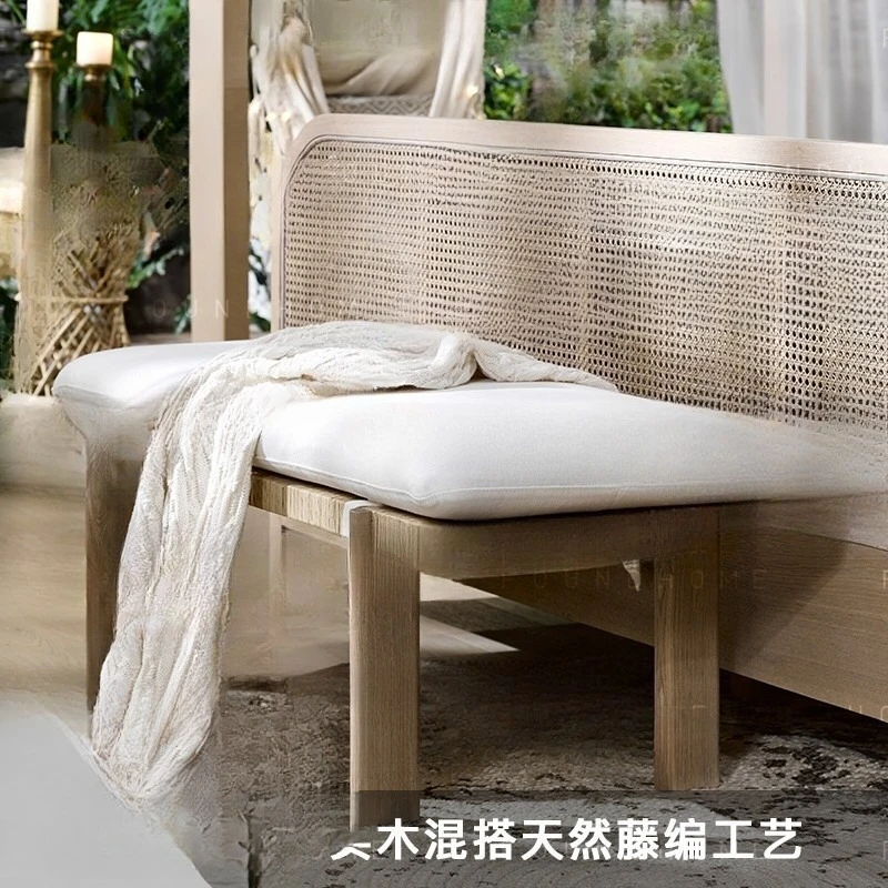 Solid wood rattan bed end stool, fabric bedroom, fitting room, cotton linen seat cushion, wabi-sabi style bench, shoe bench
