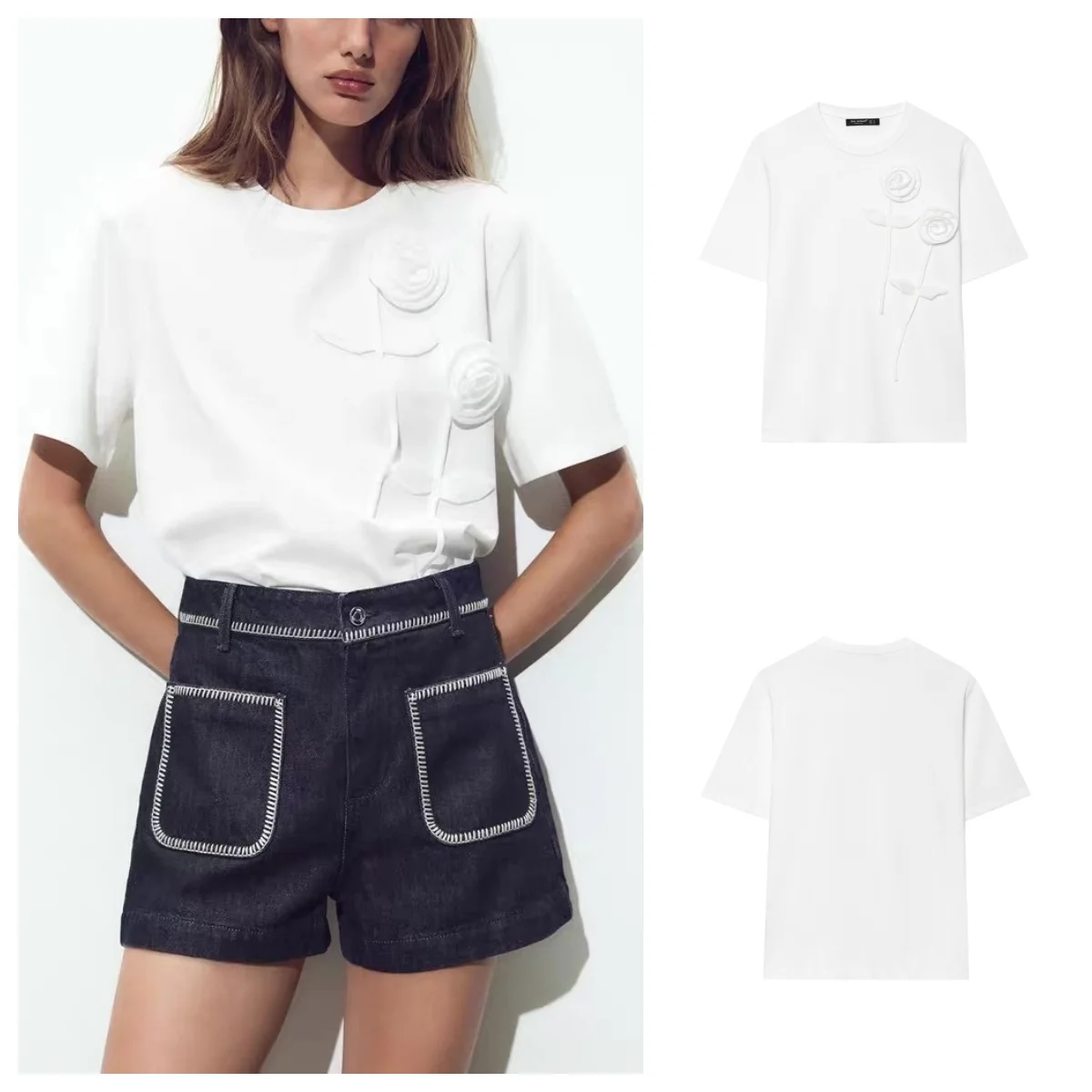 

European and American style 2025 summer new three-dimensional flower decoration round neck short-sleeved T-shirt