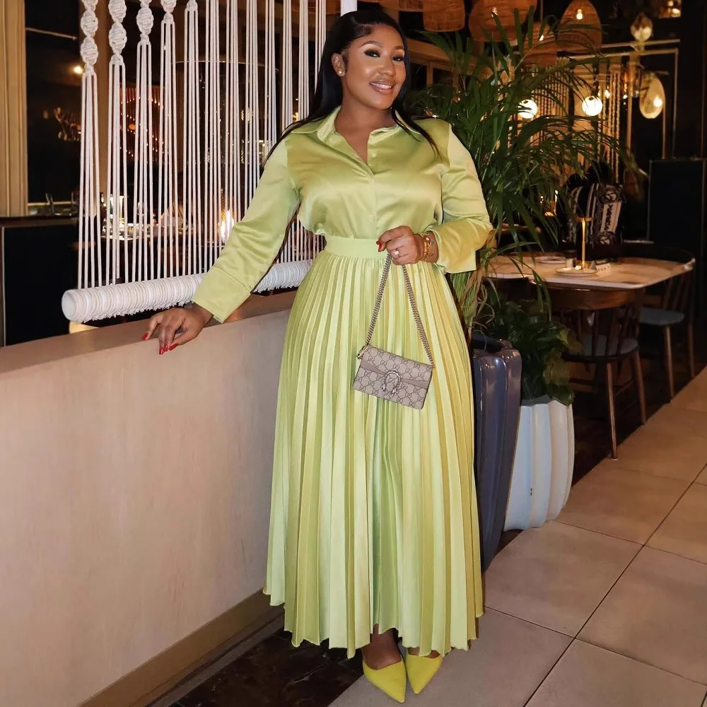 

Women's Set Slimming Long Sleeved Shirt Half Body Pleated Long Skirt Two-piece Set 2025 Autumn and Winter