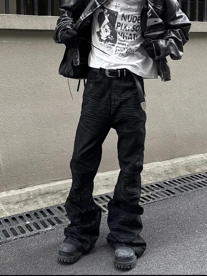 

American High Street Style Hand Brushed Wax Coat Folded Design Micro Flared Jeans Dragging Wax Pants Bootcut Youth Jeans