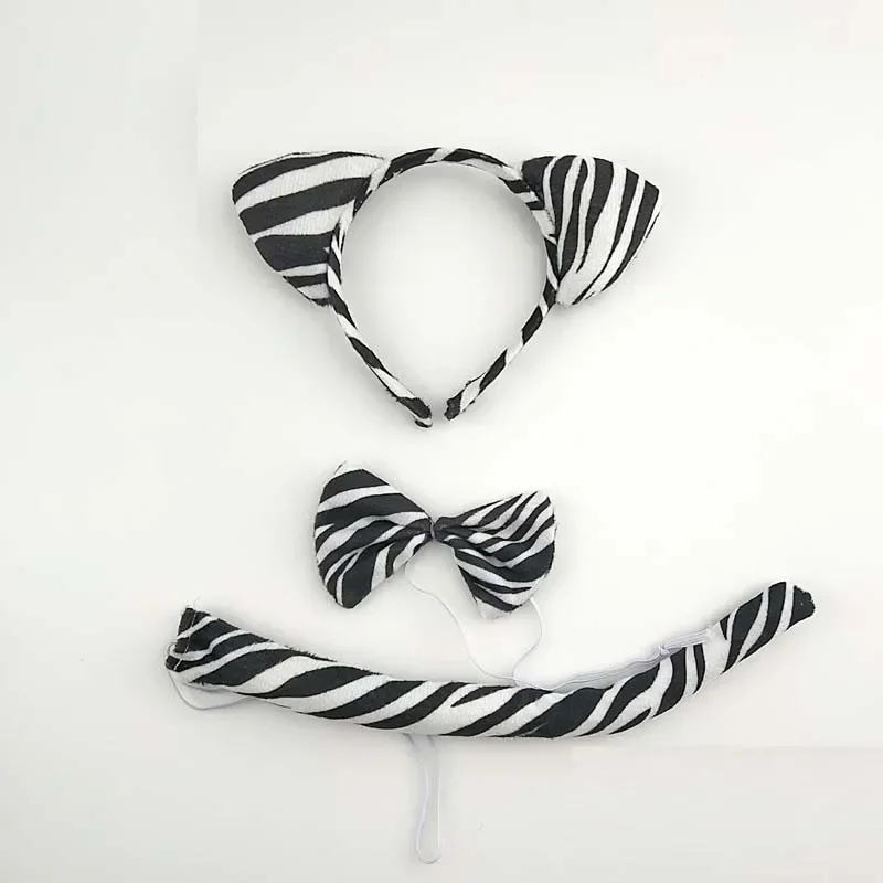 Adults Kids Plush Cartoon Animal Zebra Ear Headband Hairband Tail Bow Birthday Party Gift Cosplay Costume Christmas Halloween