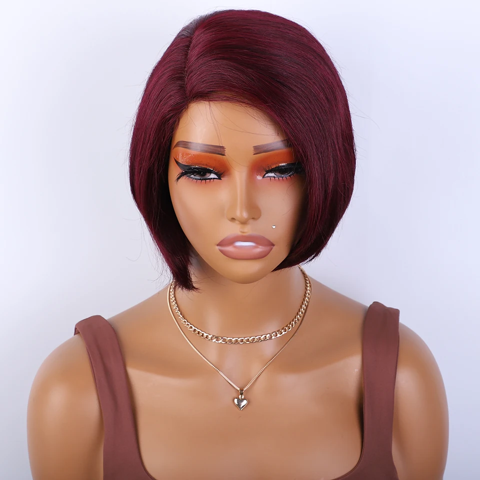 99J Burgendy Short Bob Side Part Straight Bob Human Hair Wig Straight Short Bob Wig Straight Human Hair Wig Wear And Go Glueless