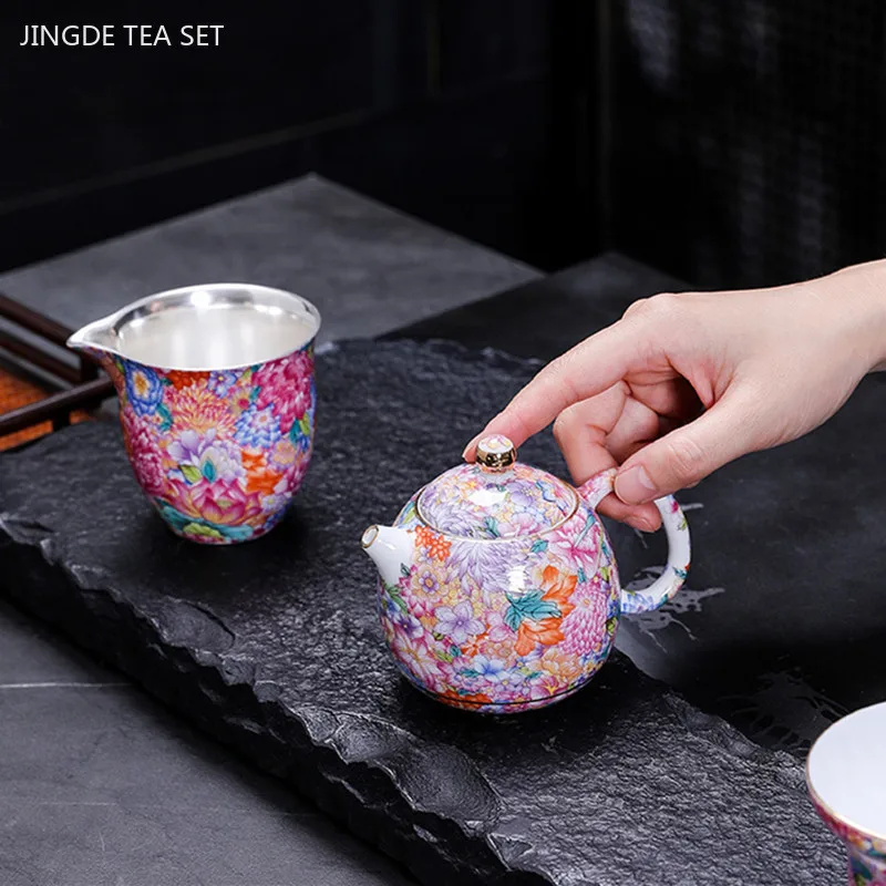 Imagem -02 - Personalizado Infusor de Chá Chinês Conjunto de Chá de Prata de Alto Grau Esmalte Cor Teaware Bule e Copo Conjunto Presente de Beleza Casa