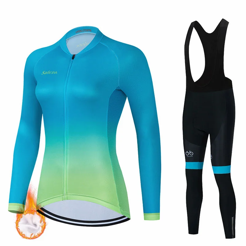 2023 Women Fashion Winter Fleece Cycling Jersey Set Bib Gel Pants Suit Ropa Ciclismo Bicycle Wear MTB Bike Jersey Bicicleta Kit