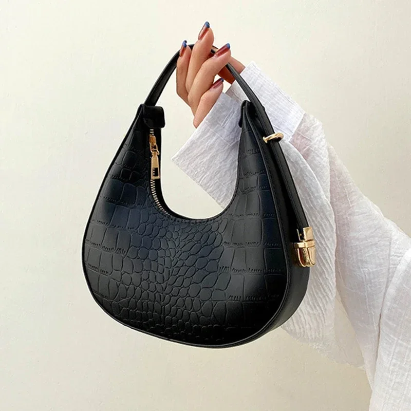 

PU Leather Women Luxury Designer Handbag Purses 2023 Fashion Vintage Double Zipper Half Moon Crescent Hobos Shoulder Bags