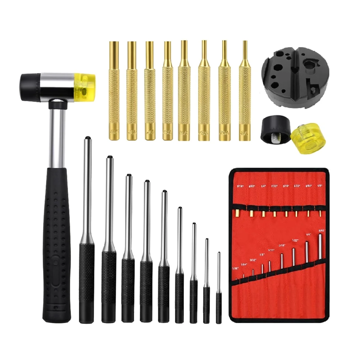 

Roll Pin Punch Set with Storage Pouch, Smithing Punch Removing Repair Tools, with Bench Block Pin Punches and Hammer