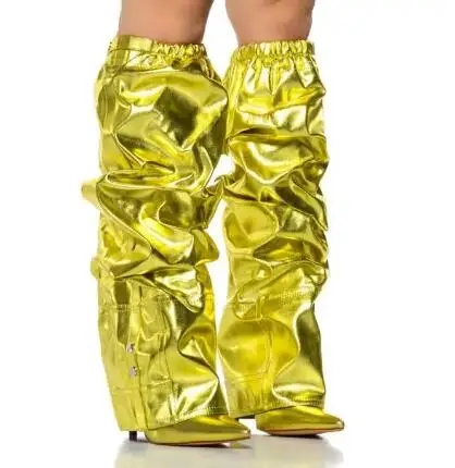 

Fluorescent Yellow Solid Pleated Elastic Calf Thin Heels Pointed Toe Knee High Pants Boots Women Fashion Run Way Long Boots