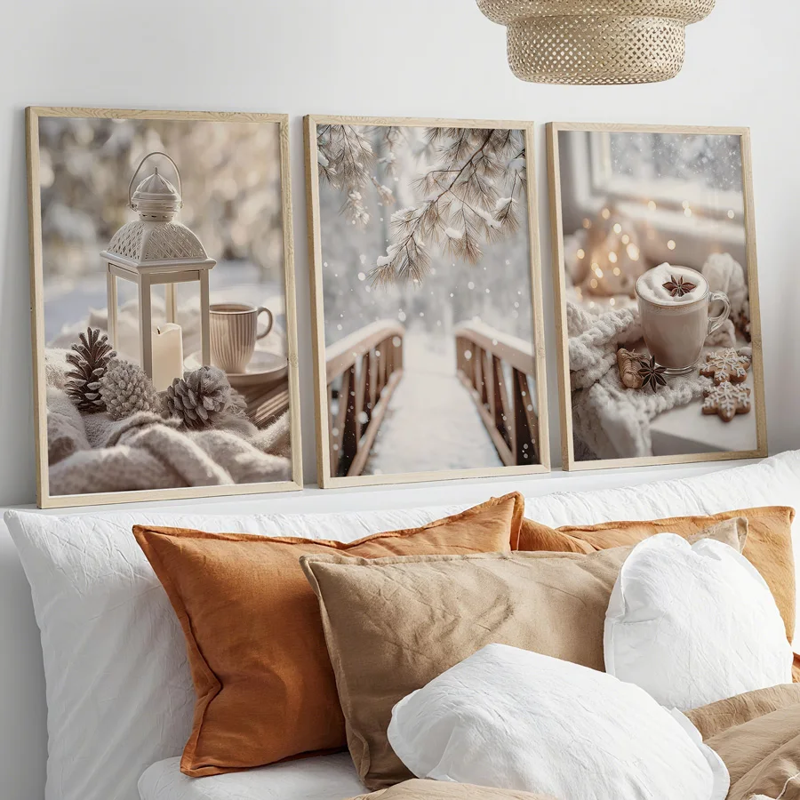 3-Piece Set, Cozy Lanterns, Snowy Bridge, Coffee Prints, Winter Scene Christmas Wall Art, Unframed Snow Scene Posters, Aesthetic