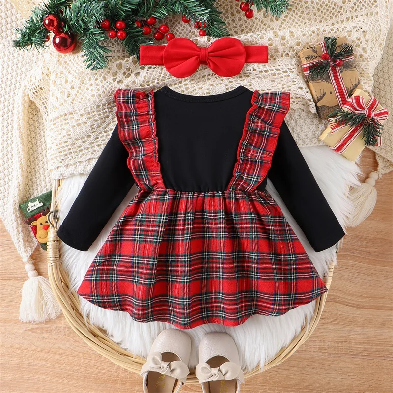 0-24M Baby Girls Christmas Patchwork Dress Newborn Infant Long Sleeve Elk Embroidered Plaid Suspender Dress with Headband