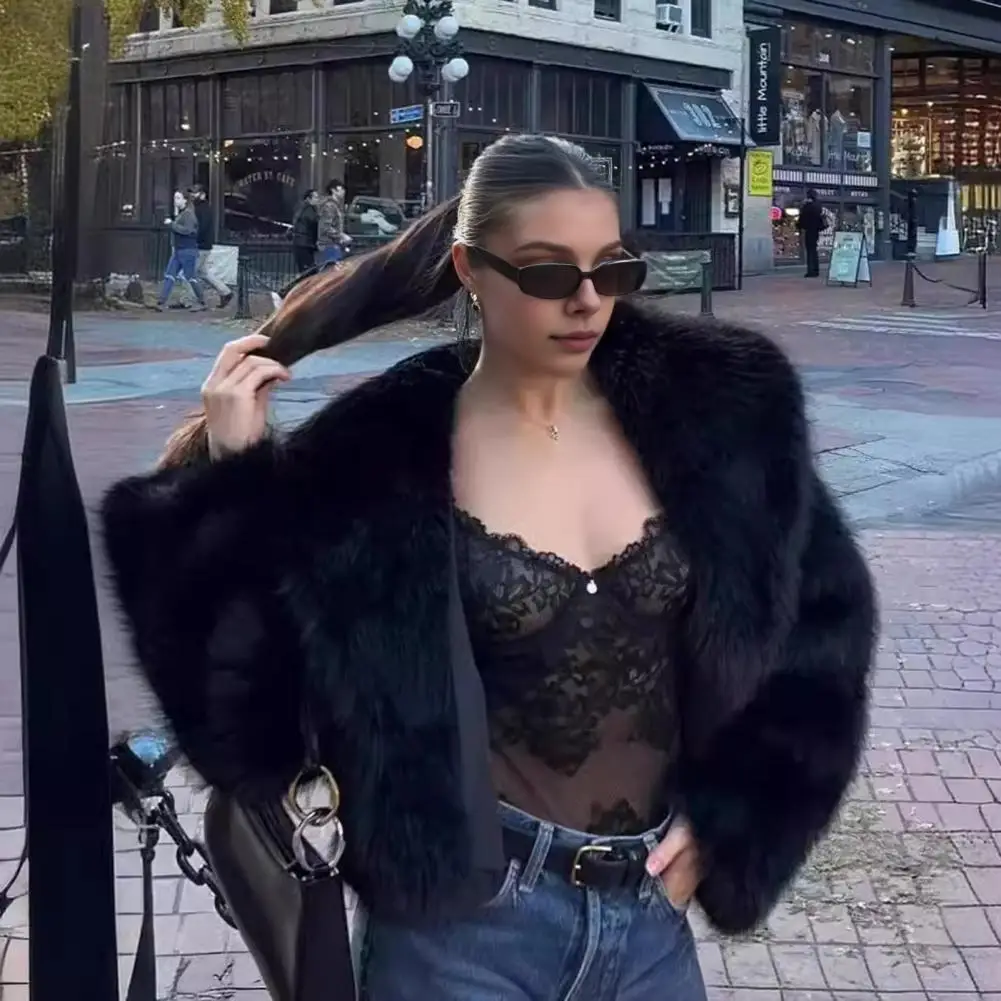 

Solid Color Long Sleeves Cardigan Women's Coat Auutmn Winter Lady Faux Fur Jacket Thickened Plush Turn-down Collar Outerwear