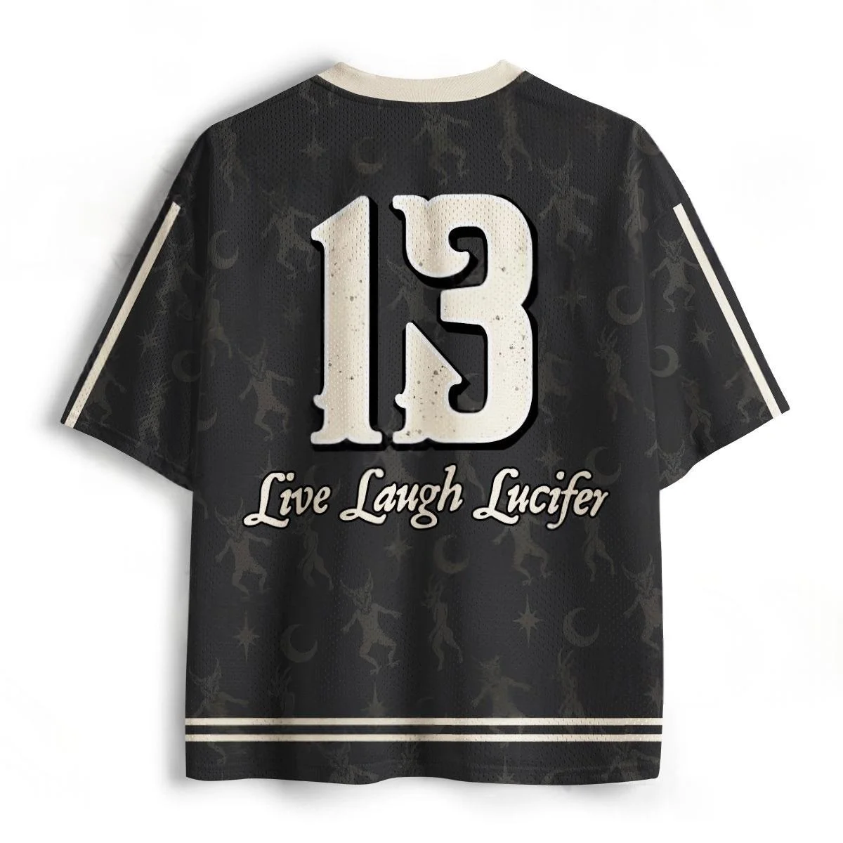Live Laugh Lucifer Number 13 Devil Graphic Football Jersey Vintage Gothic Demon Print V Neck Black Halloween Sports Tee