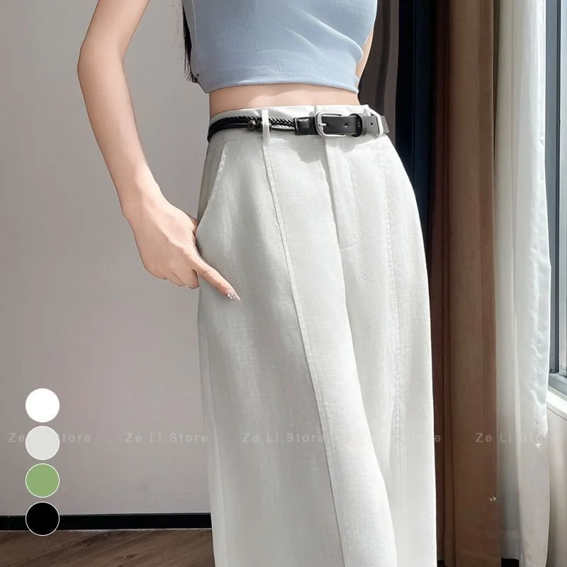 Women's Casual Wide Leg Pants Sun Protection Loose Fit High Waist Thin Summer Linen Blend Casual Pants Floor Length