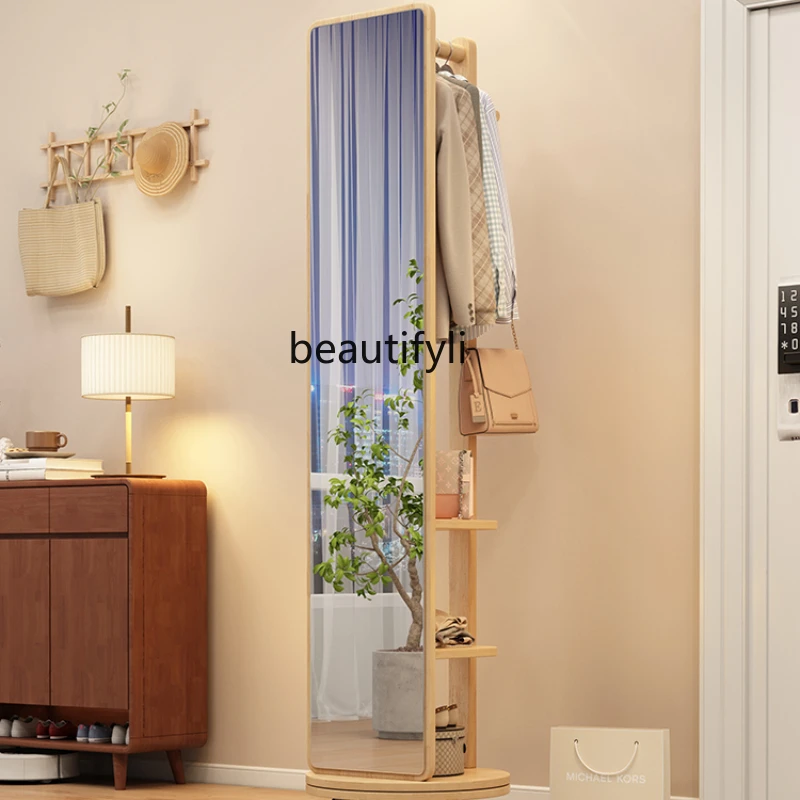 

Solid Wood Dressing Mirror Movable Rotating Floor with Wheels Home Bedroom Full-Length with Clothes Rack Full-Length Mirror